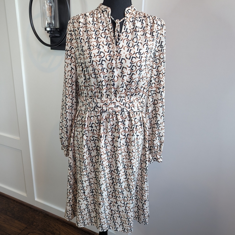 H&M Monogram Chain Print Midi Dress Size 8 Long Sleeve Belted Work Office